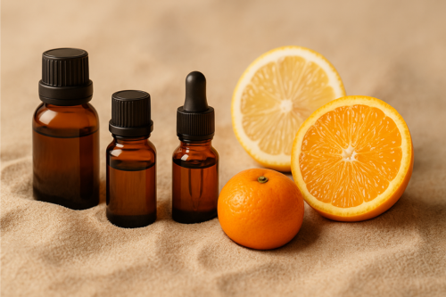 3 flacons d'huiles essentielles posés sur le sable, à côté, 1 mandarine et des rondelles d'agrumes
