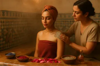 Une femme marocaine appliquant de l'argile sur le corps d'une autre femme dans un hammam
