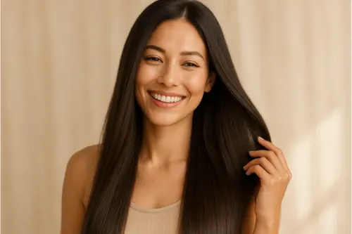 une femme souriante aux cheveux longs, bruns et soyeux qui se tient une mèche de cheveux