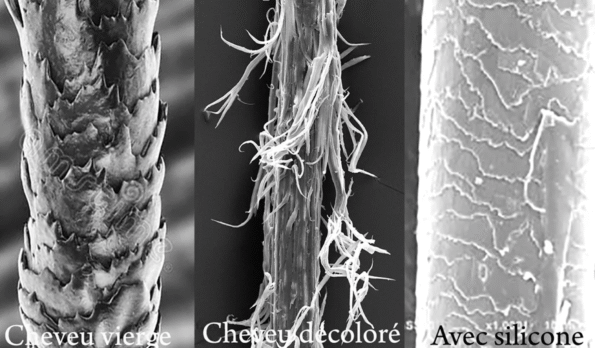 3 états de cheveux au microscope : cheveu vierge et sain, cheveu décoloré et abimé, et enfin cheveux avec silicone, tout lisse